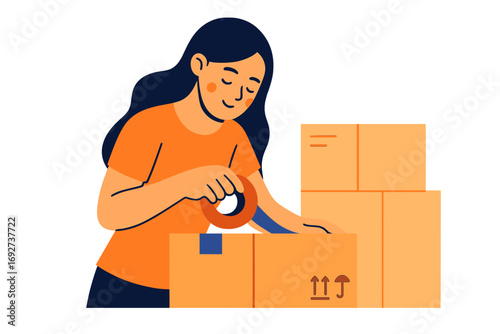 Young woman packaging boxes with tape in a warehouse setting