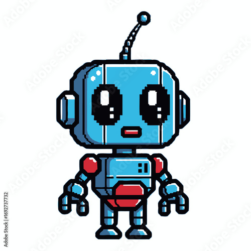 A delightful pixelated robot character with large, expressive eyes and an antenna. This cute blue android is a perfect mascot for 21.ai, technology, and gaming