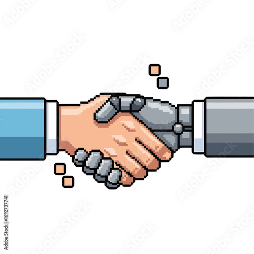 Symbolic pixel art handshake between a human and artificial intelligence, representing a future agreement and technological collaboration