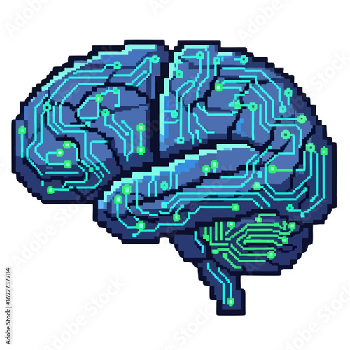 Pixel art illustration of a human brain integrated with a glowing green circuit board, symbolizing artificial intelligence and digital consciousness