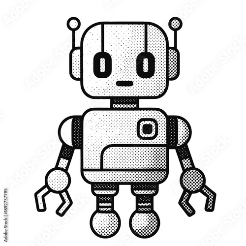A charming retro robot character with a halftone texture. This isolated vector graphic represents concepts of artificial intelligence, automation, and futuristic technology