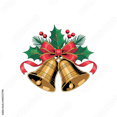 Festive holiday illustration with golden bells, red ribbon, and holly creating a joyful mood isolated on white background