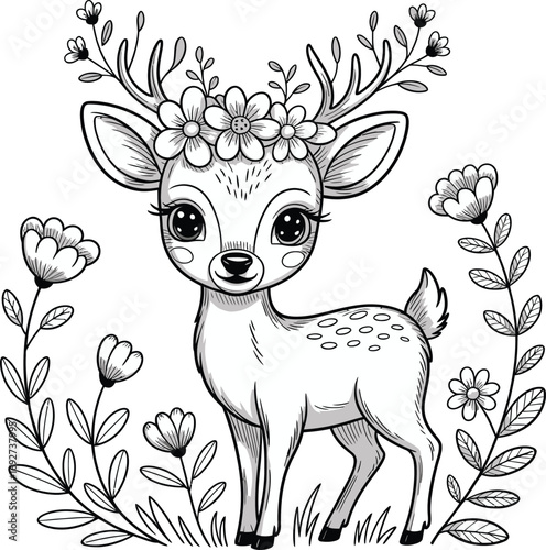 Adorable fawn with flowers and antlers coloring page design white background