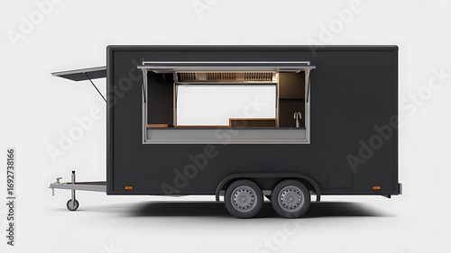 Dark gray food trailer with open serving window food truck