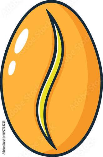 A stylized illustration of a single, roasted coffee bean, depicted in warm orange and yellow tones.
