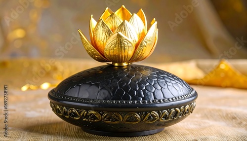 Ornate black perfume bottle with golden lotus top