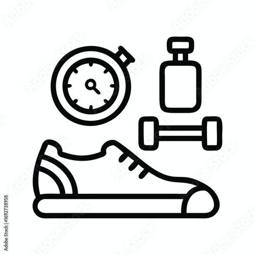 Fitness Workout Icons Set: Running Shoe, Stopwatch, Dumbbell, Water Bottle