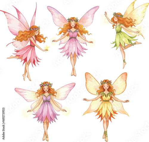 Five delicate fairies with gossamer wings and flowing dresses dancing freely white background