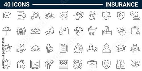 A collection of Insurance icons with editable stroke styles. Icons for web and mobile applications. Complete vector illustrations. A series of pictograms.