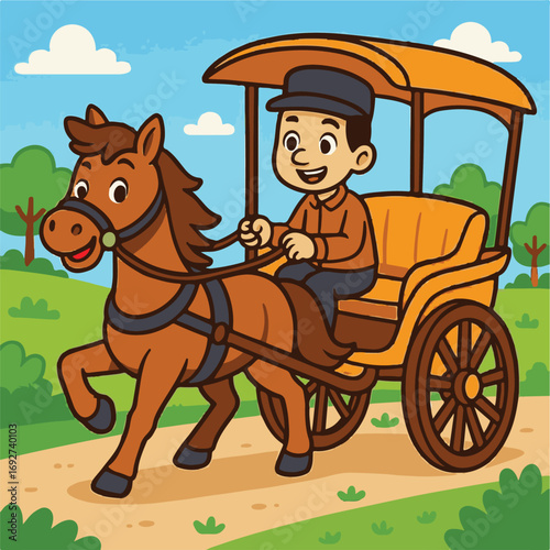cartoon image of a person riding a horse-drawn carriage