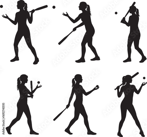 Set of six female baseball player silhouettes in action silhouette