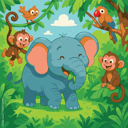 cartoon vector images of elephants, monkeys, and birds in the jungle