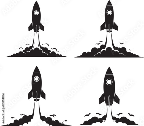 Four rocket launch silhouettes with smoke trails