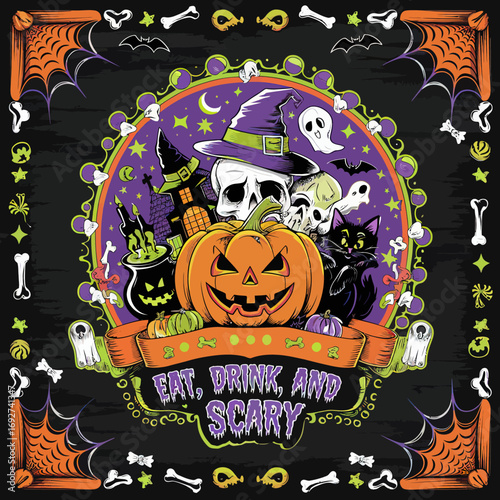 2d vector illustration Halloween t shirt icon design items ghost character Candles in carved pumpkin 