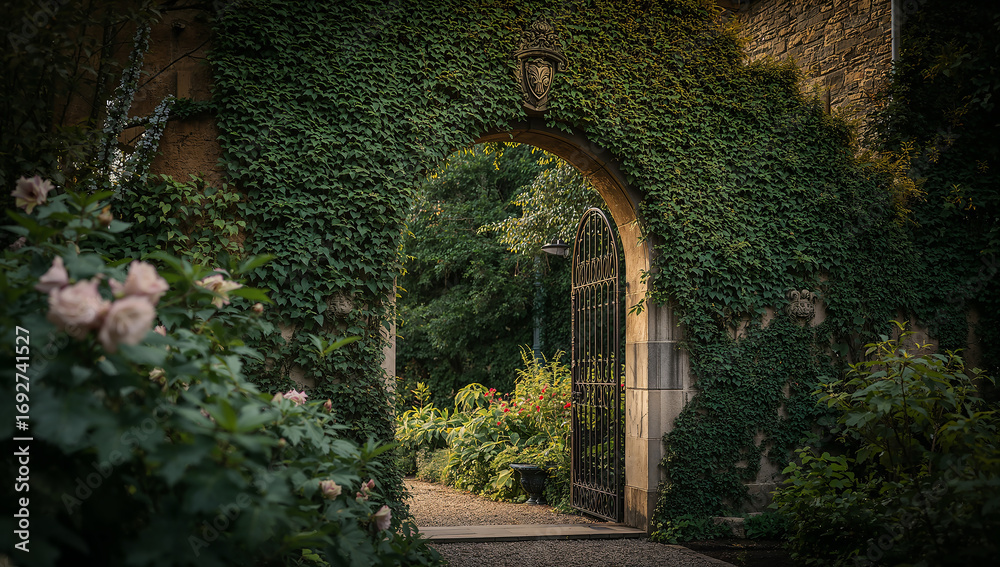 Obraz premium Charming Garden Archway Framed by Lush Greenery and Flowers