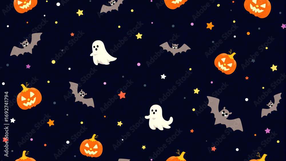 Fototapeta premium Spooky Halloween Night with Ghosts and Pumpkins