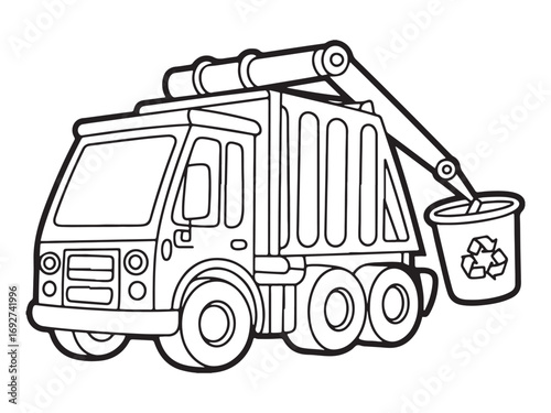 Outline Illustration of a Garbage Truck with Recycling Logo