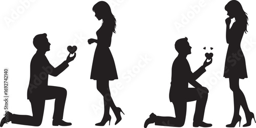 Couple marriage proposal silhouette with ring and flowers