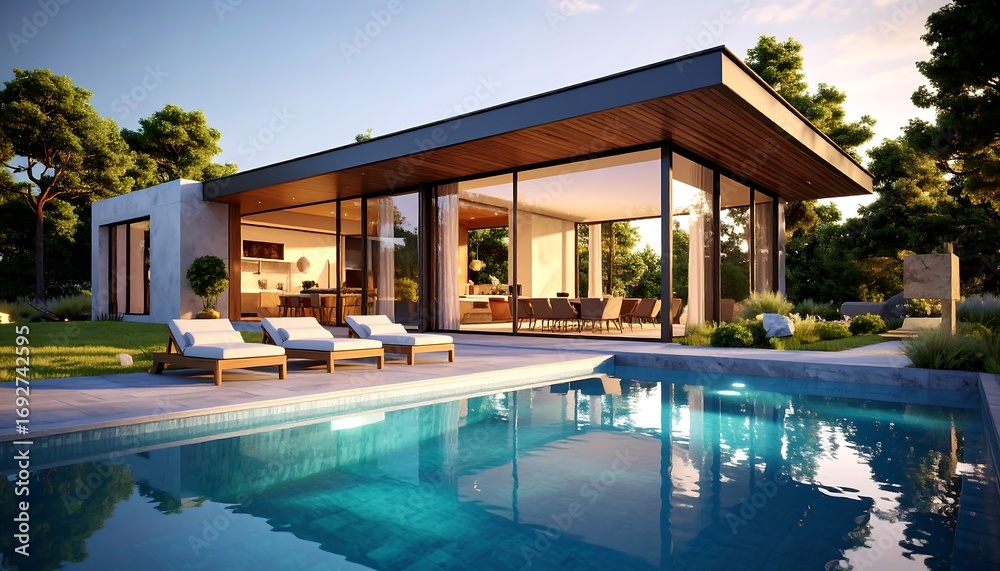 Fototapeta premium Modern house by pool at sunset