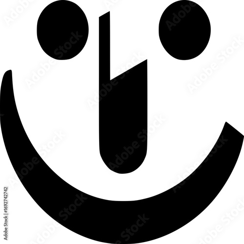 Minimalist black and white vector of a grinning face, bold line art, high contrast modern logo