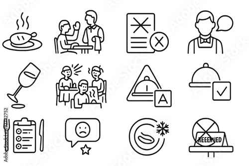 Restaurant Complaints Icons. Line style icons of restaurant complaints: food undercooked icon, table service complaint, wrong bill