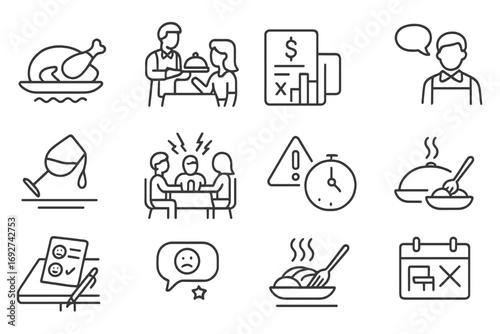Restaurant Complaints Icons. Line style icons of restaurant complaints: food undercooked icon, table service complaint, wrong bill