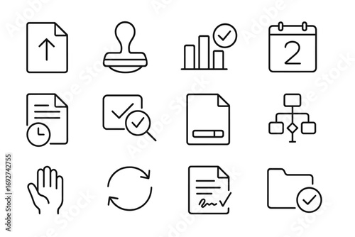 Appeals Process Icons. Line style icons of appeals process symbols: upward file arrow, retry stamp, approval chart icon, second