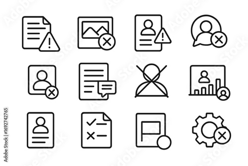 Social Media Complaint Icons. Line style icons of social media complaints: content removal report, banned post icon, harassment