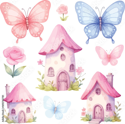 Magical fairy houses and butterflies watercolor collection for enchanting designs white background
