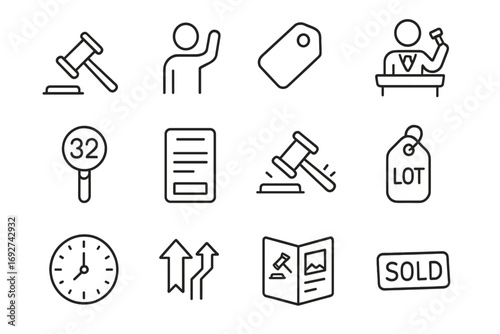 Auction Icons Collection. Line style icons of auction bidding: auction hammer, bidder raising hand, price tag icon, auctioneer at