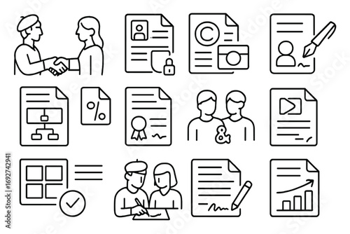 Creative Collaboration Icons. Line style icons of creative collaboration agreements: artist and client handshake, media release