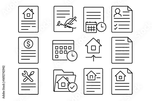 Rental Contract Icons. Line style icons of rental contracts: apartment lease agreement, tenant signature line, landlord contract