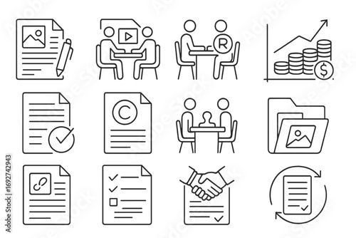 Licensing Line Icons. Line style icons of licensing negotiations: content usage contract, media rights agreement, brand license