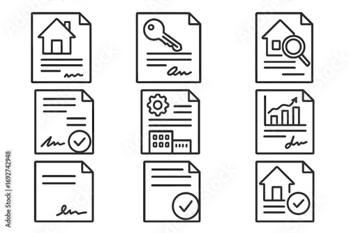 Real Estate Contract Icons. Line style icons of real estate contracts: house purchase agreement, rental lease form, mortgage