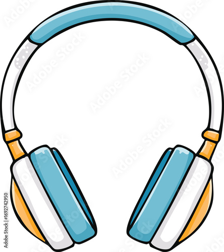 Colorful cartoon headphones, light blue and white with orange accents.