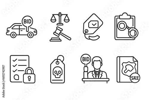 Police Auction Icons. Line style icons of police auctions: confiscated car with bid number, law symbol with gavel, seized items