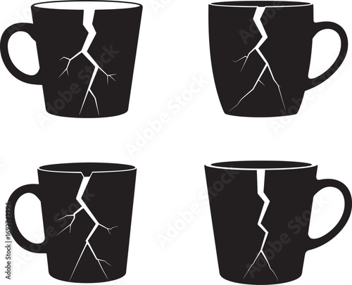 Four black cracked coffee mugs silhouette