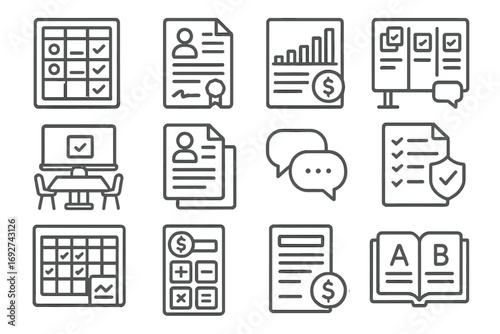 Retail Operations Icons. Line style icons of back office retail operations: employee schedule sheet, vendor contract icon, expense