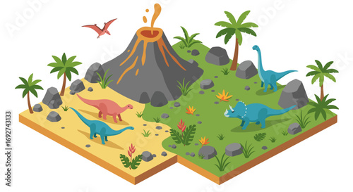 Isometric dinosaur landscape with volcano and prehistoric creatures