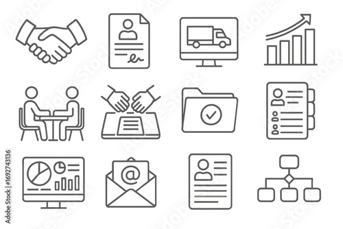 Wholesale Business Icons. Line style icons of wholesale business operations: business-to-business handshake, supplier contract