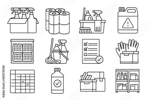 Wholesale Cleaning Supplies. Line style icons of wholesale cleaning supplies: box of spray bottles, paper towel rolls in bulk,