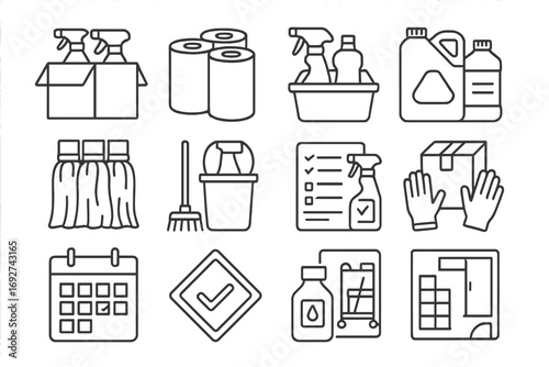 Wholesale Cleaning Supplies. Line style icons of wholesale cleaning supplies: box of spray bottles, paper towel rolls in bulk,