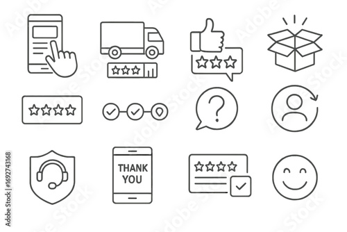 Customer Experience Icons. Line style icons of customer experience: buyer placing order screen, delivery satisfaction chart,