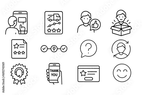 Customer Experience Icons. Line style icons of customer experience: buyer placing order screen, delivery satisfaction chart,
