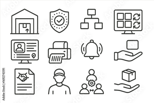 3PL Fulfillment Icons. Line style icons of fulfillment by third-party: 3PL warehouse icon, third-party provider badge, outsourced