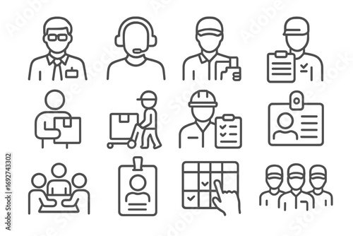 Logistics Team Icons. Line style icons of logistics personnel: logistics manager icon, dispatcher headset, driver with delivery