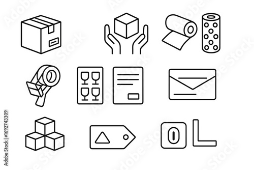 Logistics Packaging Icons. Line style icons of packaging for logistics: carton box with label, protective packaging icon, item