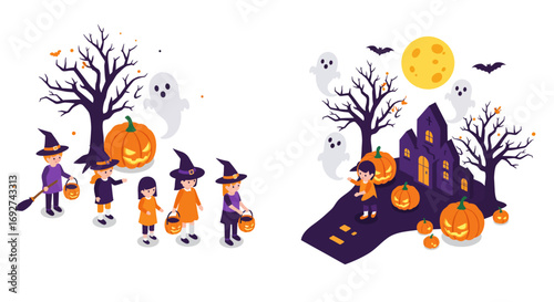 Spooky halloween night with ghosts and pumpkins in isometric style