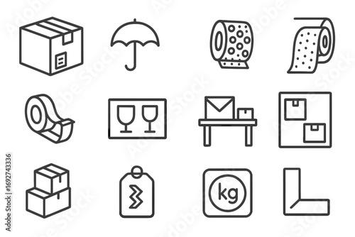 Logistics Packaging Icons. Line style icons of packaging for logistics: carton box with label, protective packaging icon, item