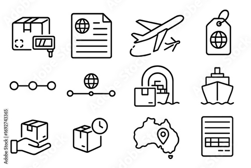 Parcel Tracking Icons. Line style icons of international parcel tracking: customs scan event, import/export document icon, package